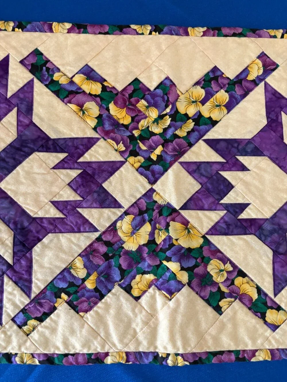 Table Runner Quilted Bear Paw Claw Star Purple Yellow Pansy Floral Handmade
